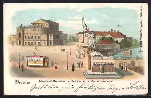 Lithographie Dresden, Königliches Opernhaus mit Strassenbahn