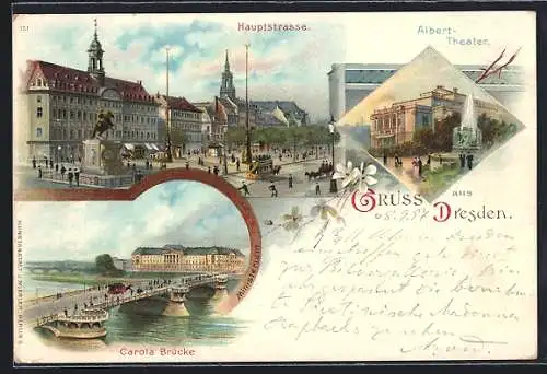 Lithographie Dresden-Neustadt, Hauptstrasse, Carola Brücke, Albert-Theater