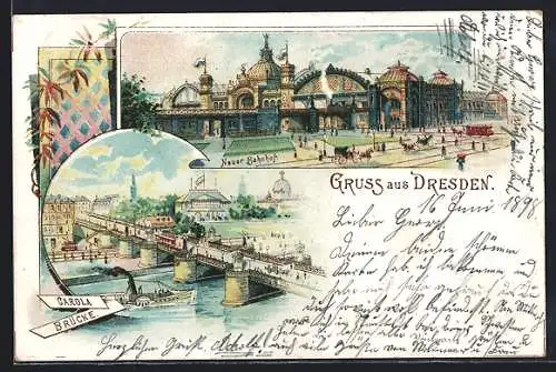 Lithographie Dresden, Neuer Bahnhof, Dampfer an der Carola Brücke