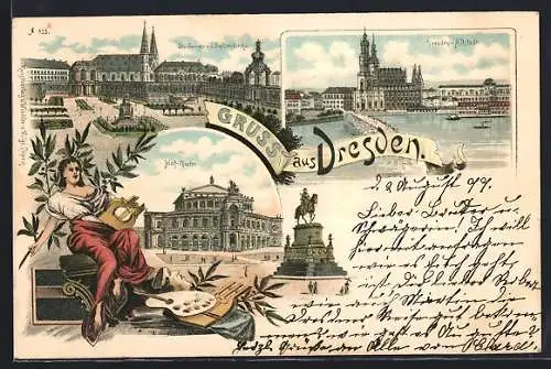 Lithographie Dresden, Hof-Theater, Zwinger & Sophienkirche, Altstadt
