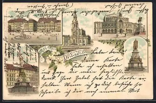 Lithographie Dresden, Altmarkt, Denkmal Friedrich August II, Kriegerdenkmal