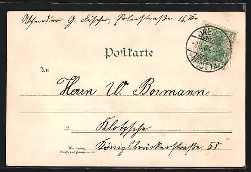 Lithographie Dresden, Altmarkt, Denkmal Friedrich August II, Kriegerdenkmal