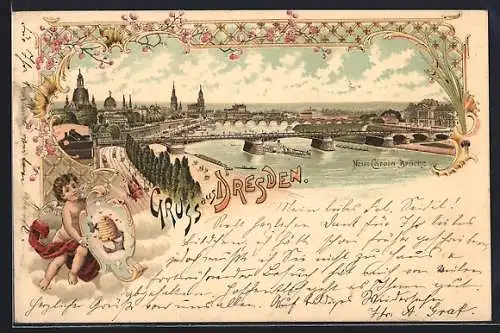 Lithographie Dresden, Blick auf die Neue Carola Brücke