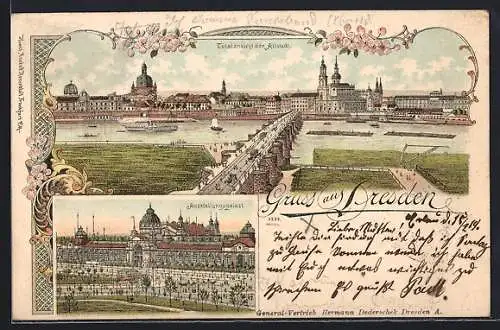Lithographie Dresden, Totalansicht der Altstadt, Ausstellungspalast, Dampfer, Blumen, Um 1900