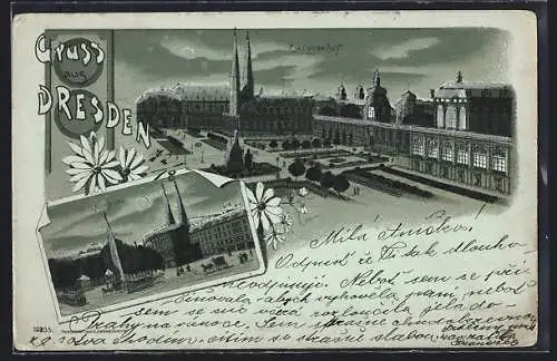 Mondschein-Lithographie Dresden, Postplatz und Zwingerhof