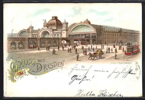 Lithographie Dresden, Passanten vor dem Hauptbahnhof mit Strassenbahn