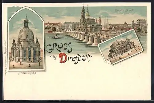 Lithographie Dresden, Frauenkirche, Kgl. Hof-Theater, Dampfer passiert die Altstadt