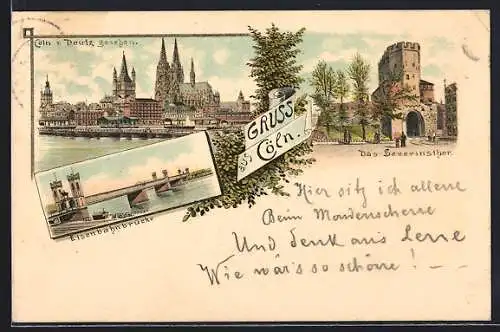 Lithographie Köln, Eisenbahnbrücke, Severinstor und Schiffbrücke