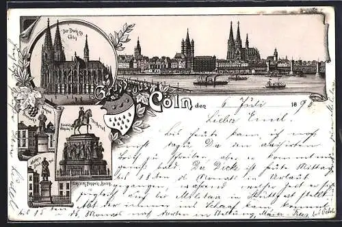 Lithographie Cöln, Der Dom, Molke`s Denkmal, Friedrich Wilhelm III Denkmal
