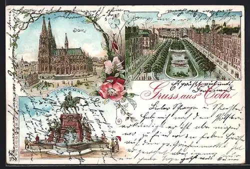 Lithographie Köln-Neustadt, Dom, Denkmal Kaiser-Wilhelm I, Kaiser Wilhelmring