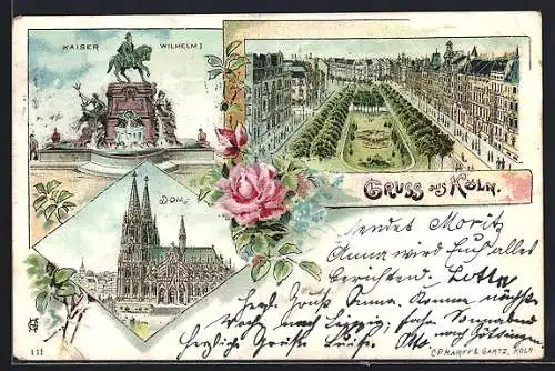 Lithographie Köln, Dom, Kaiser Wilhelm I Denkmal
