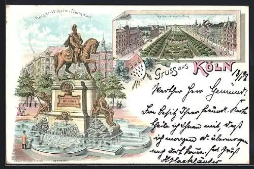 Lithographie Köln-Neustadt, Kaiser Wilhelm Ring, Kaiser Wilhelm Denkmal