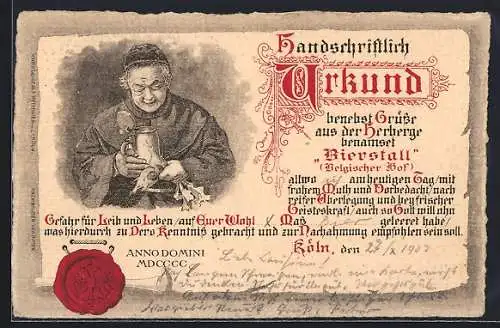 Künstler-AK Köln, Urkunde aus dem Gasthaus Bierstall, Belgischer Hof
