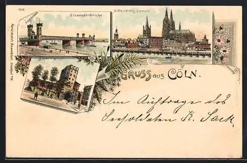 Lithographie Cöln, Eisenbahnbrücke, Severinthor