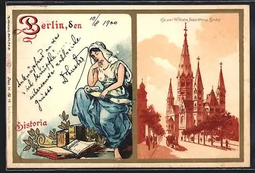 Lithographie Berlin-Charlottenburg, Kaiser Wilhelm Gedächtnis-Kirche, Frau mit Geschichtsbuch