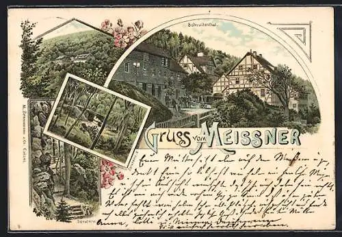 Lithographie Meissner, Ortsansicht mit Schwalbenthal, Seesteine I. & II.