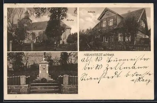 AK Nienstedt a. Harz, Kirche, Schule, Kriegerdenkmal