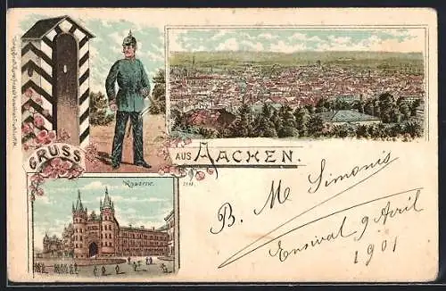Lithographie Aachen, Teilansicht, Kaserne, Soldat am Wachhäuschen