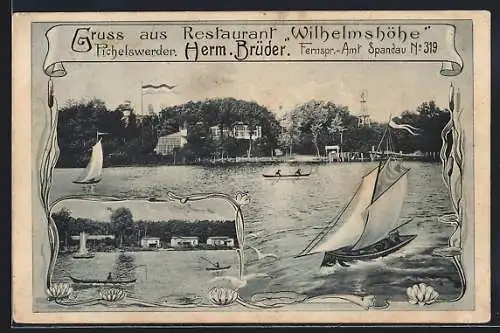 AK Berlin-Pichelswerder, Restaurant Wilhelmshöhe am See mit Booten, Ortspartie