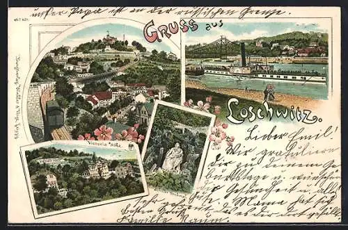 Lithographie Dresden-Loschwitz, Ortsansicht, Elbdampfer und Victoria-Höhe