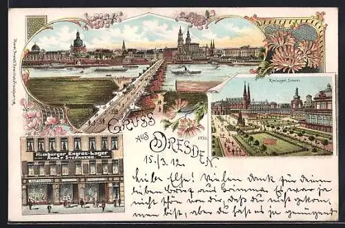 Lithographie Dresden-Neustadt, Inneres des Zwingers, Ortsansicht & Hamburger Engros-Lager