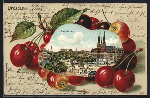 Passepartout-Lithographie Dresden, Postplatz, Kirschen