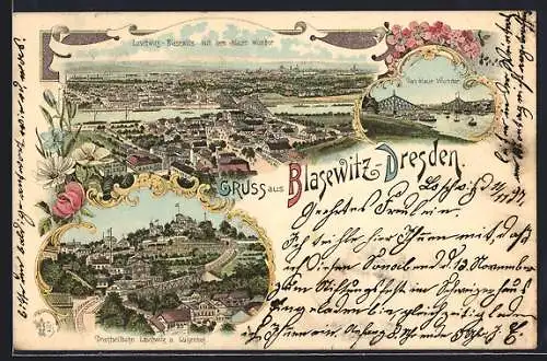 Lithographie Dresden-Blasewitz, das Blaue Wunder, Drahtseilbahn Loschwitz und Luisenhof