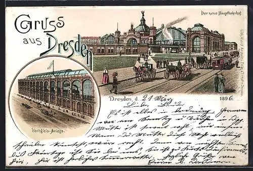 Lithographie Dresden, Ansicht Hochgleisanlage und Neuer Hauptbahnhof