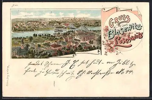 Lithographie Dresden-Loschwitz, Ortsansicht aus der Vogelschau mit Blick zur Elbe