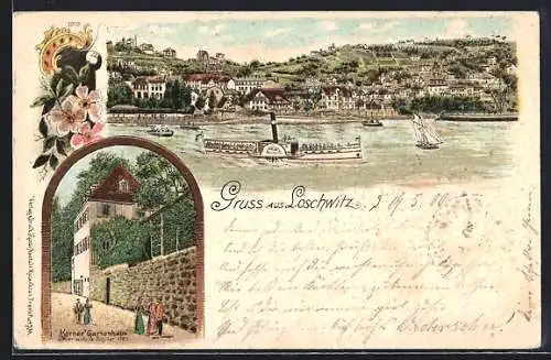 Lithographie Dresden-Loschwitz, Körner-Gartenhaus, Dampfer auf der Elbe