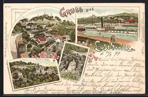 Lithographie Dresden-Loschwitz, Restaurant Victoria Höhe, Dampfer auf der Elbe