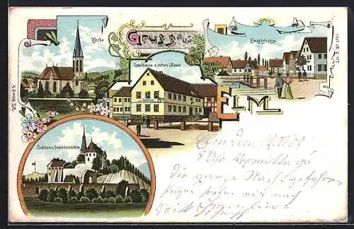 Lithographie Elm / Schlüchtern, Hauptstrasse, Gasthaus z. roten Löwen, Kirche, Schloss Brandenstein