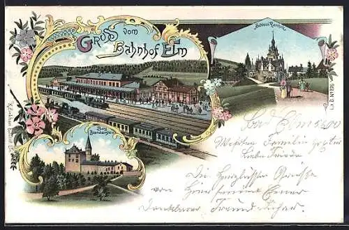 Lithographie Elm, Bahnhof, Eisenbahn, Schloss Ramholz, Burg Brandenstein