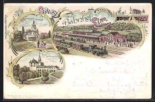 Lithographie Elm, Bahnhof, Schloss Ramholz, Burg Brandenstein