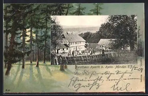 Lithographie Haarth b. Hann. Münden, Forsthaus mit Kindern, Waldpartie bei Vollmond, Passepartout