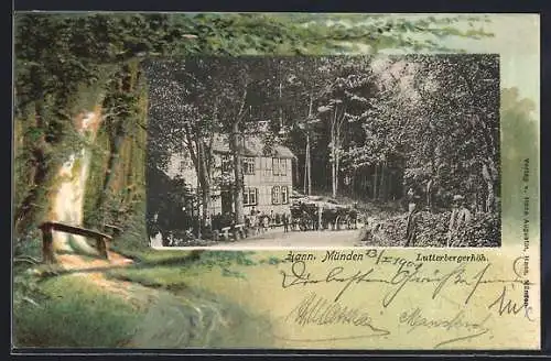 Lithographie Hann. Münden, Lutterbergerhöh, Waldpartie, Passepartout