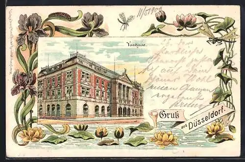Lithographie Düsseldorf, Tonhalle, Seerosen und Libelle, Passepartout