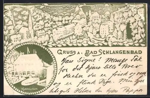 Lithographie Bad Schlangenbad, Kuranlagen, Teilansicht mit Kirche