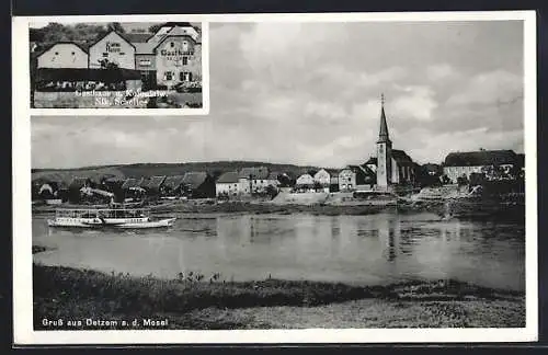 AK Detzem a. d. Mosel, Gasthaus und Kolonialwarenhandlung Nik. Scholtes, Uferpartie mit Kirche