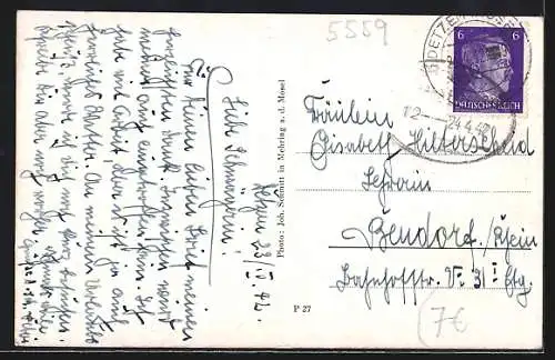 AK Detzem a. d. Mosel, Gasthaus und Kolonialwarenhandlung Nik. Scholtes, Uferpartie mit Kirche