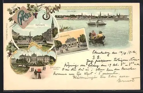 Lithographie Bonn, Kaiserplatz, Der alte Zoll, Münsterplatz, Botanischer Garten
