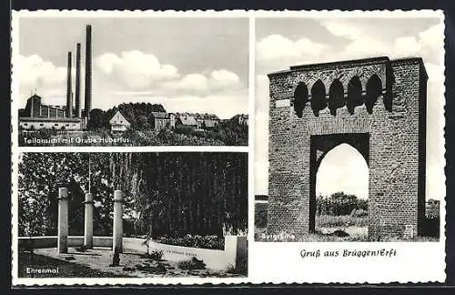 AK Brüggen /Erft, Teilansicht mit Kohle-Grube Hubertus, Burgruine, Ehrenmal