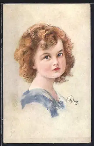 Künstler-AK sign. Otto Peters: Portrait eines Mädchens im blauen Kleid