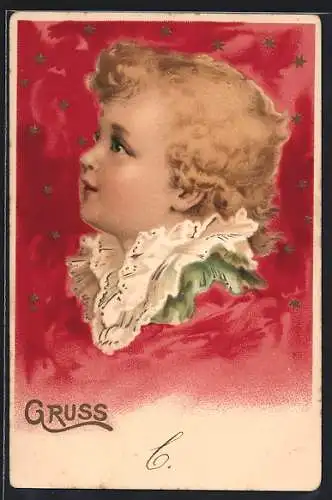 AK Kindergesicht im Seitenprofil, dahinter Sterne