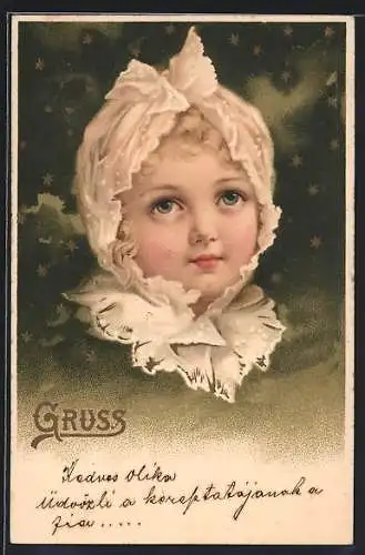 Lithographie Mädchen mit Kopftuch vor grünem Sternenhimmel