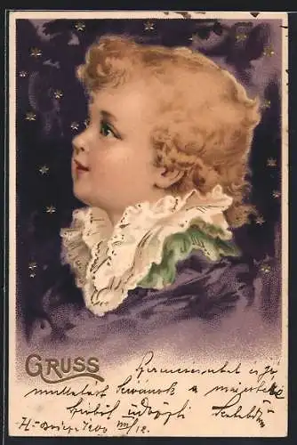 AK Kindergesicht im Seitenprofil, dahinter Sterne