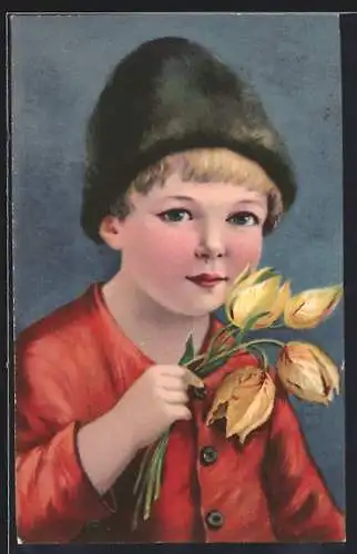 AK Kleiner Junge mit gelben Tulpen