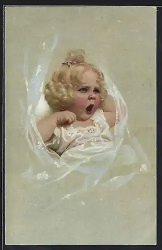 AK gähnendes Mädchen im Bett