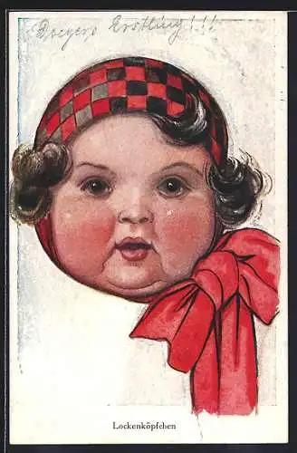 Künstler-AK Dickes Mädchen mit Kopfbedeckung und Schleife um den Hals