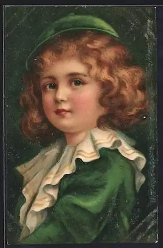 AK Kinderporträt im grünen Kleid mit Kragen und Mütze